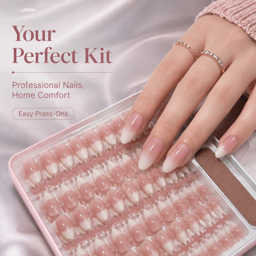 Nail Art Ombre Pink - 150Pcs Kuku Palsu Gaya Prancis Gradasi