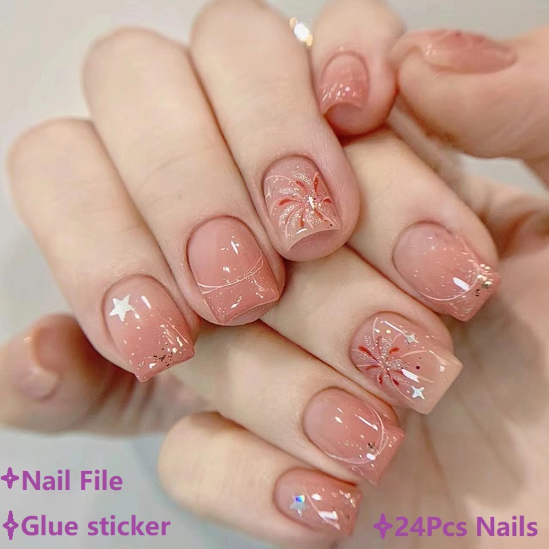 Nail Art Ombre Pink - Kuku Palsu Pendek Warna Pink, Ombre