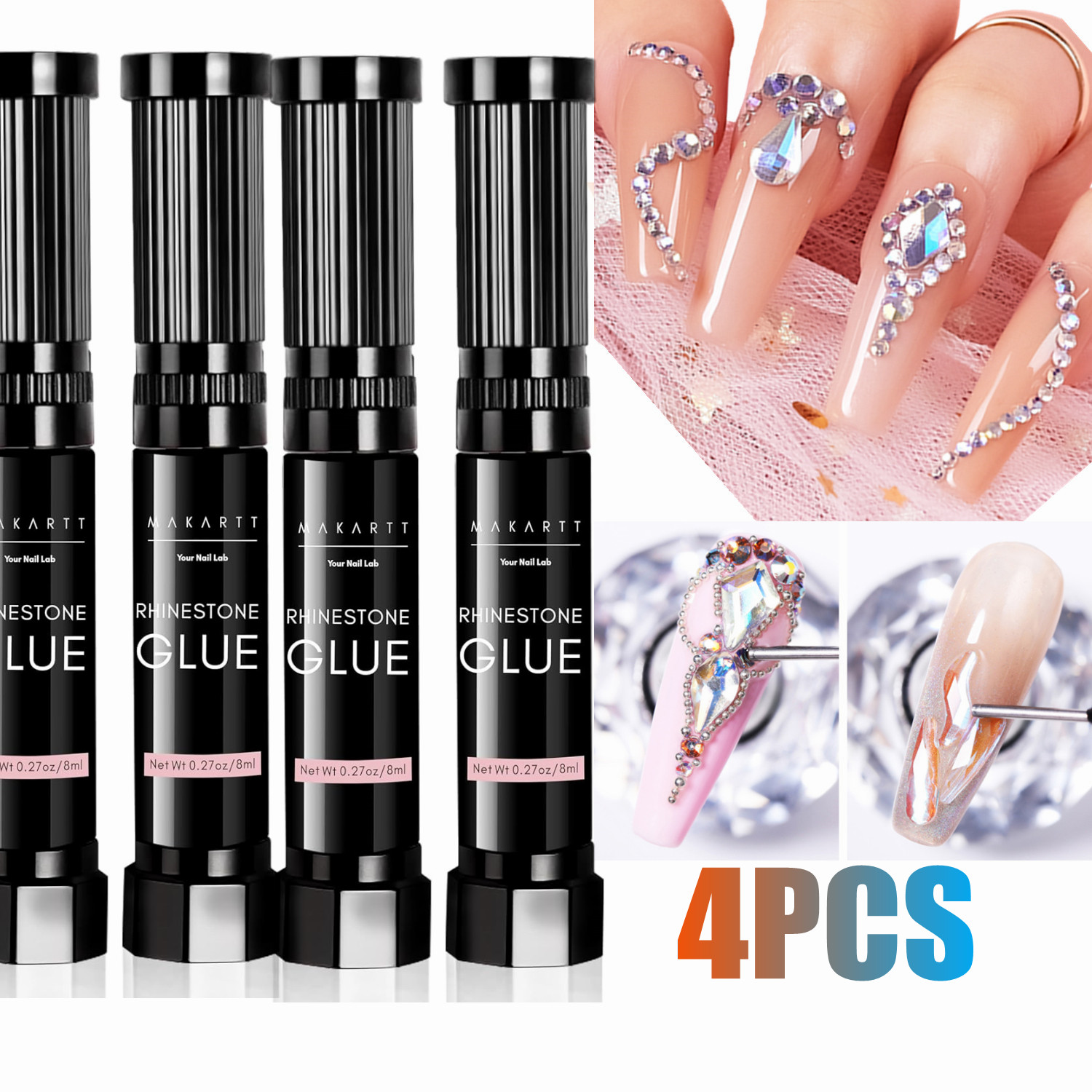 Rhinestone Nail Gem - 4Pcs Lem Rhinestone Kuku Makartt 8ml